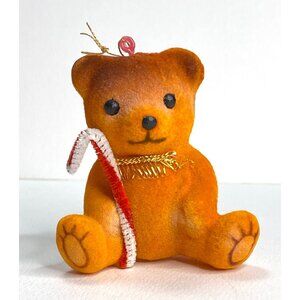 Vintage Flocked Bear With Candy Cane Christmas Ornament Blow Molded Plastic